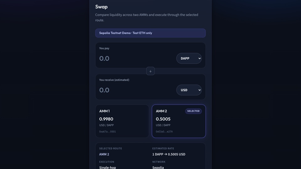 AMM DEX Aggregator interface showing swap and liquidity aggregation UI